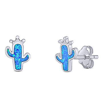 Cactus Stud Earring Created Blue Opal Solid 925 Sterling Silver (9.9mm)